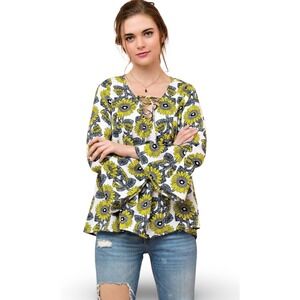 Entro Sunflower Print Lace Up Peplum Top Blouse Bell Sleeve Womens Size S‎